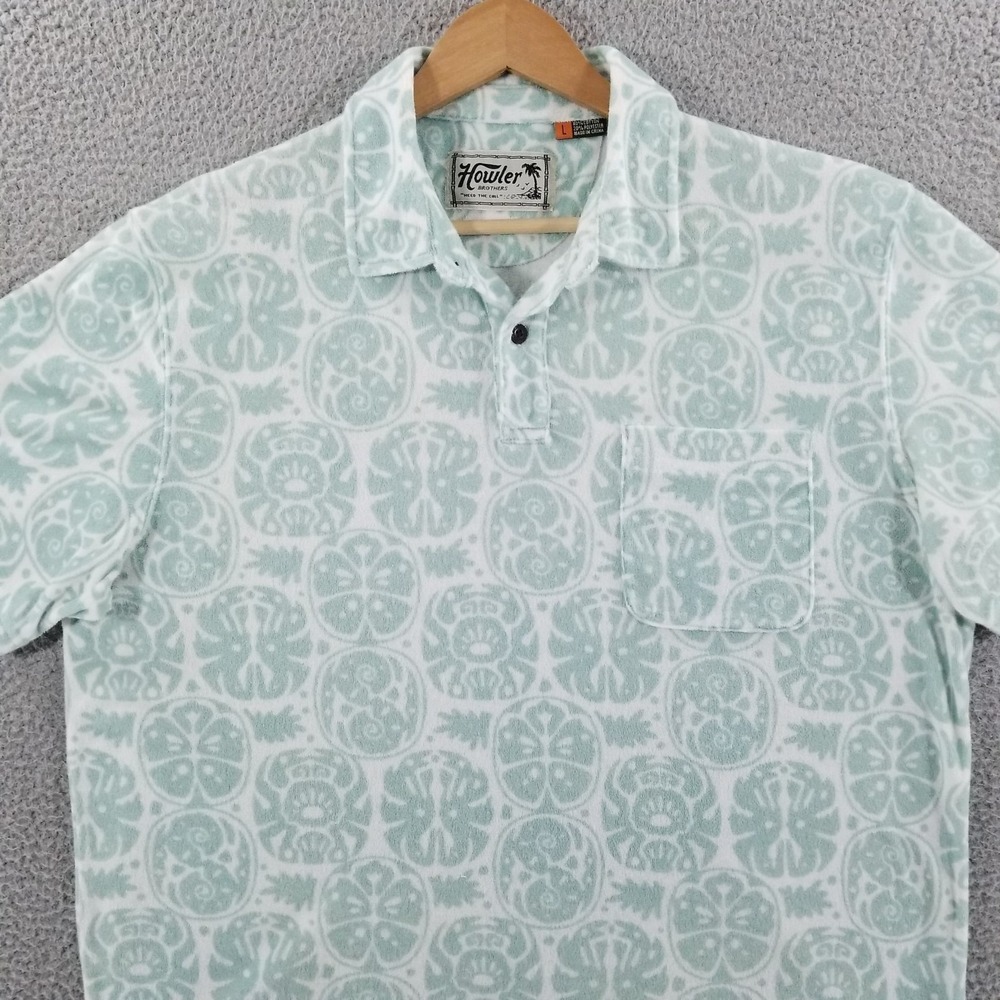 Howler Brothers Polo Shirt Mens Large Green Plusherman Terry Towel Tiki Cabana